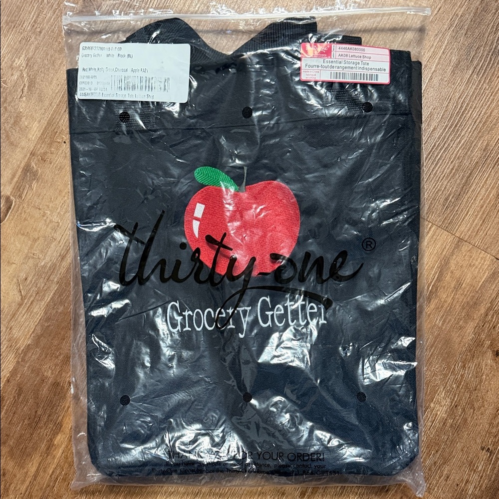 Thirty-One Black Tote with Red Apple Design